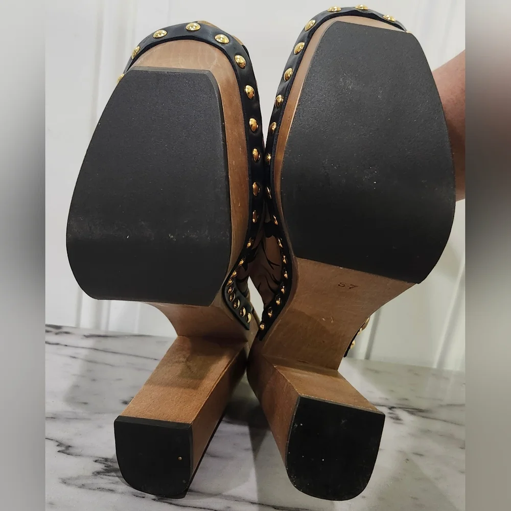 Miu Miu Gold Satin Black Swallow Birds Wooden Mules Clogs Women's Size 37/6.5 - Picture 8 of 9